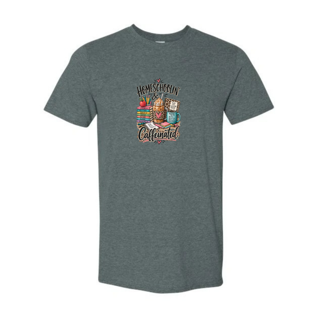 Homeschoolin' & Caffeinated design on grey Softstyle tee