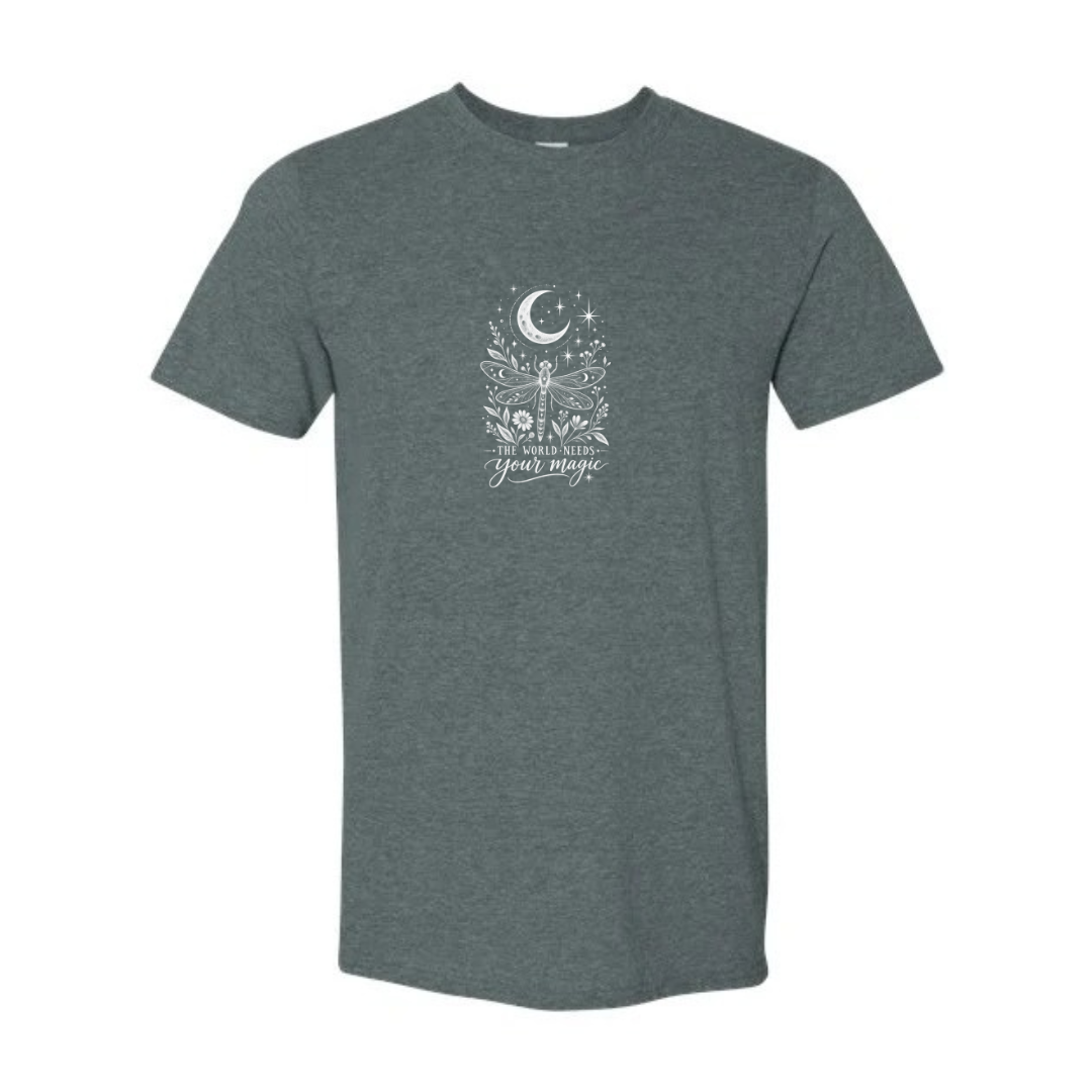 The World Needs Your Magic design on grey Softstyle tee