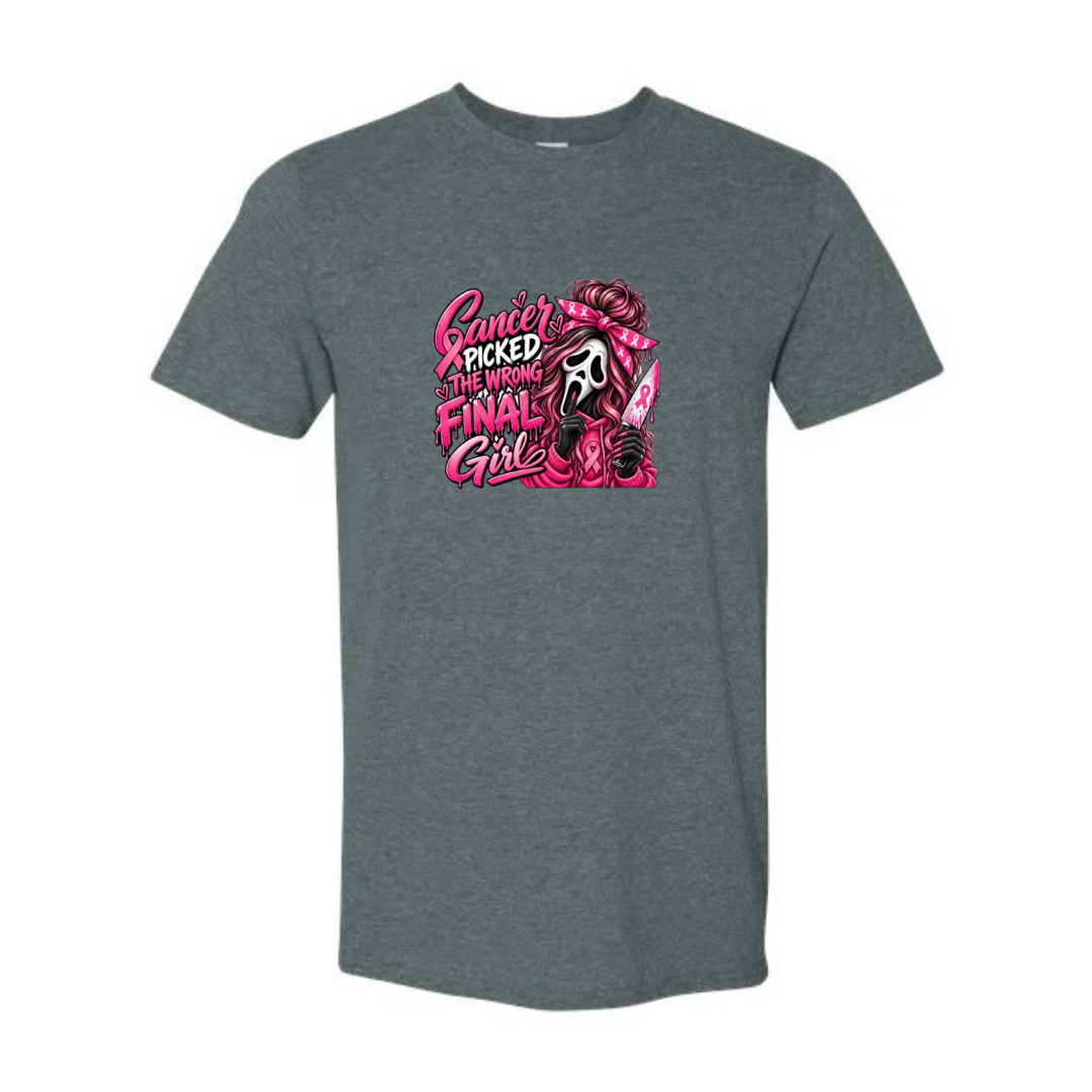 Cancer Picked The Wrong Final Girl design on grey Softstyle tee