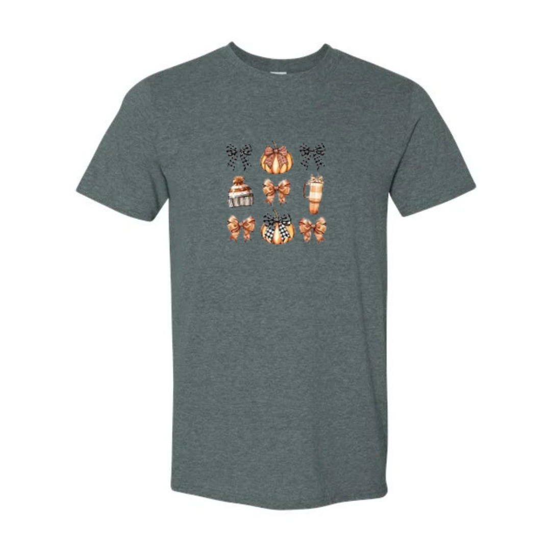 Cozy Bows and Brews design on grey Softstyle tee