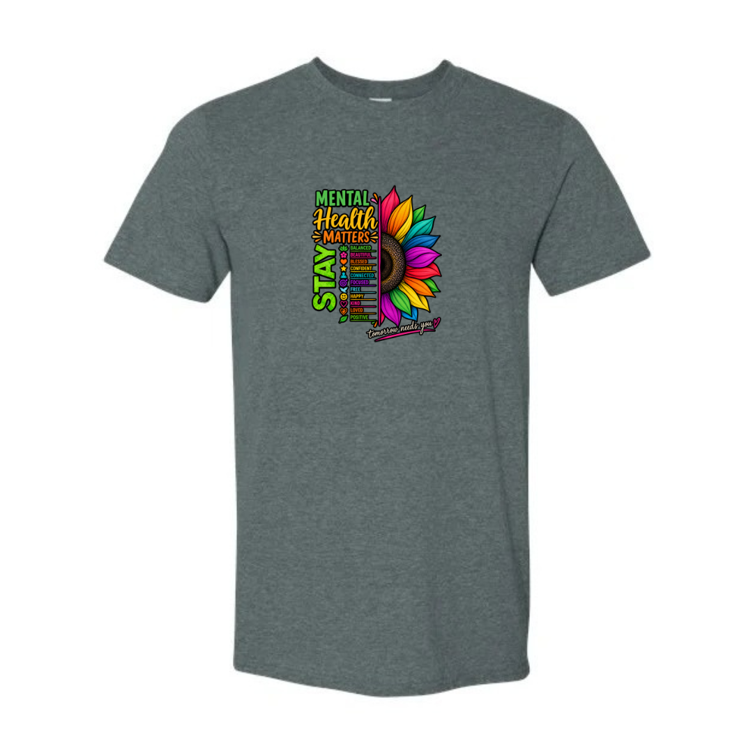 Mental Health Matters — Rainbow Sunflower design on grey Softstyle tee