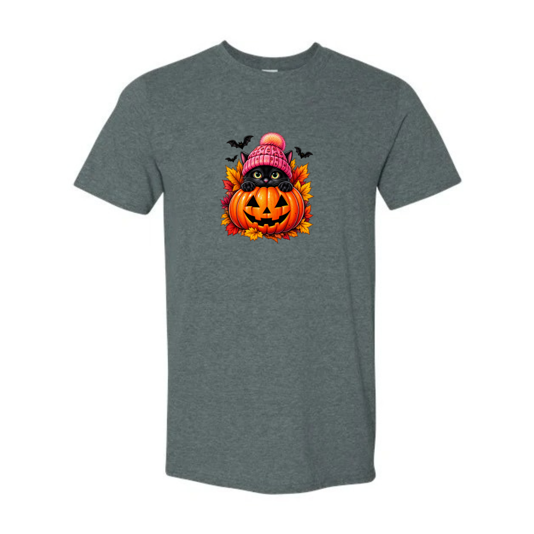 Black Cat Jack-O-Lantern design on grey Softstyle tee