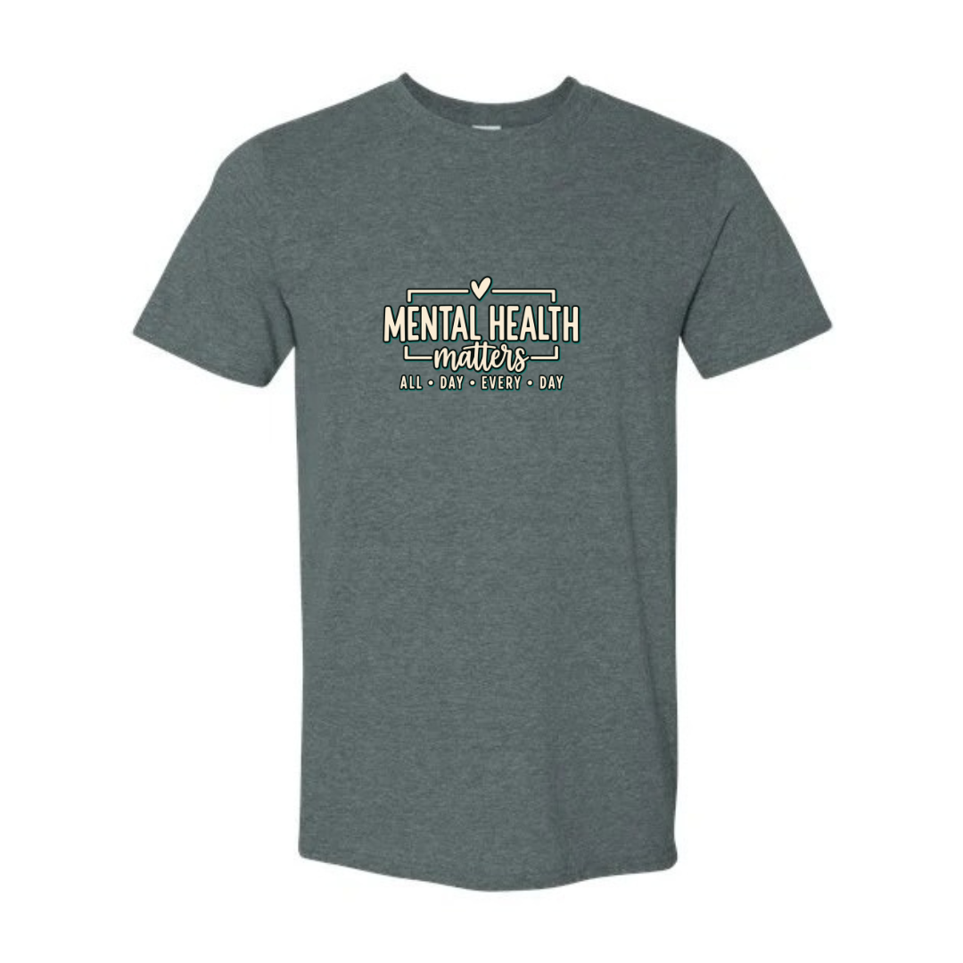 Mental Health Matters All Day Every Day design on grey Softstyle tee