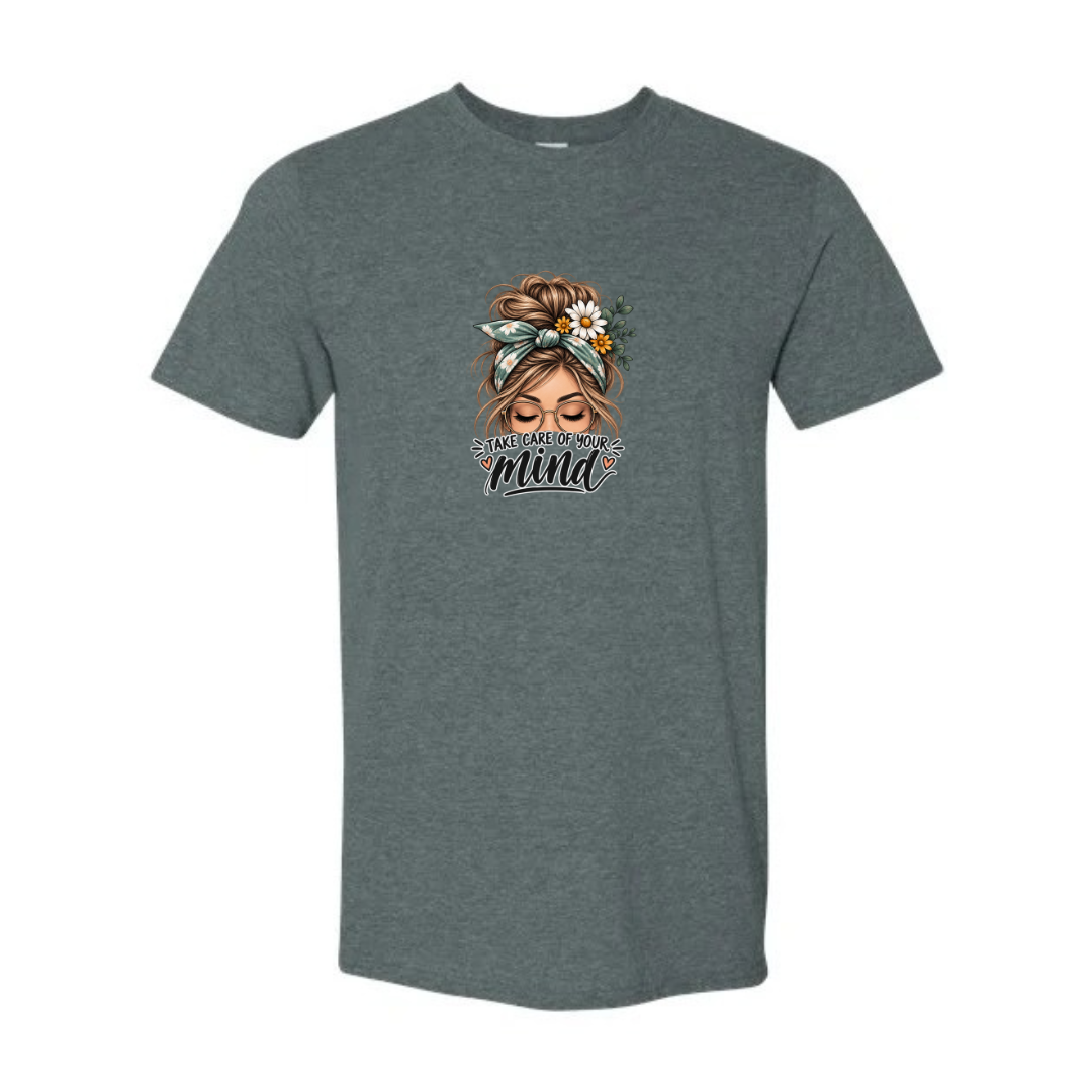 Take Care of Your Mind design on grey Softstyle tee