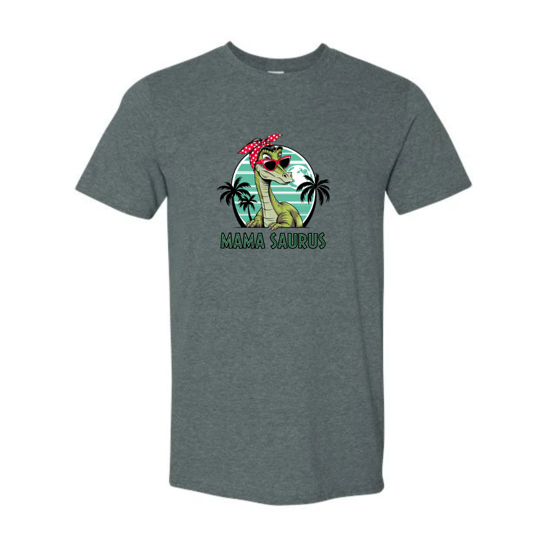 Mama Saurus design on grey Softstyle tee