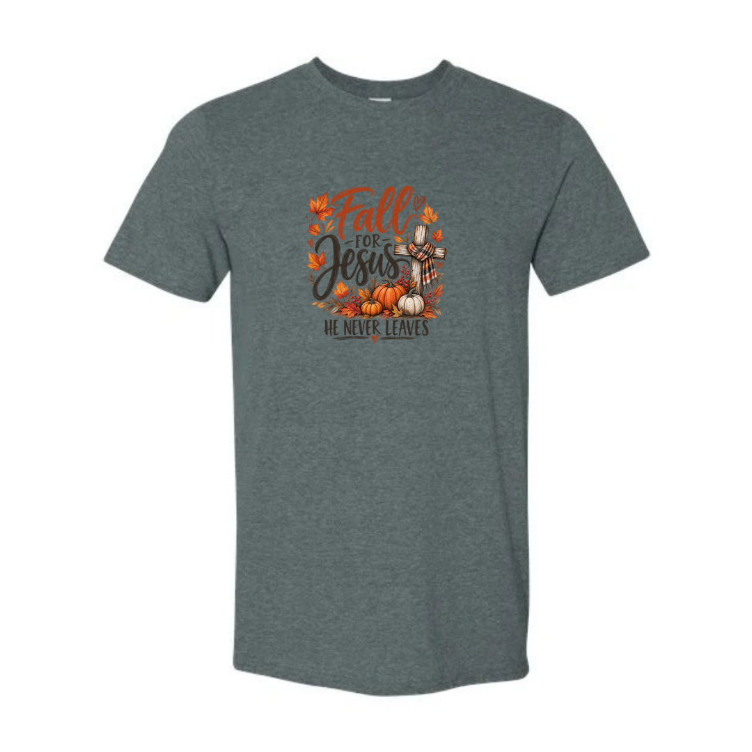 Fall For Jesus He Never Leaves — Watercolor design on grey Softstyle tee