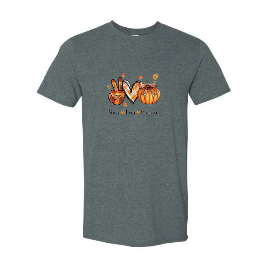 Peace Love Pumpkins design on grey Softstyle tee