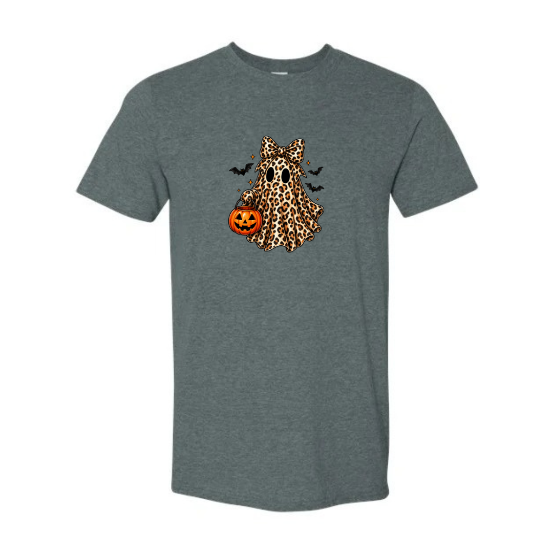 Leopard Ghost With Pumpkin Pail design on grey Softstyle tee