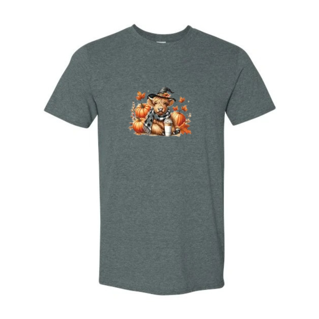 Cozy Highland Cow design on grey Softstyle tee