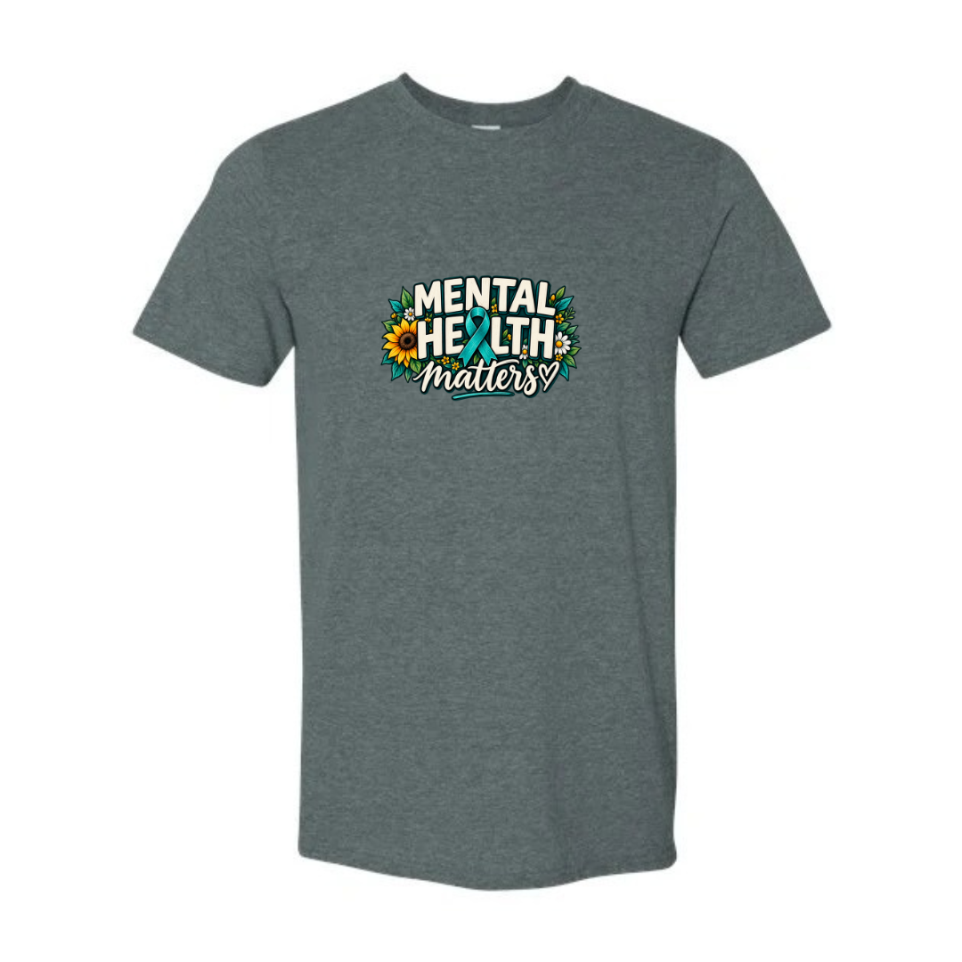 Mental Health Matters — Teal Ribbon design on grey Softstyle tee