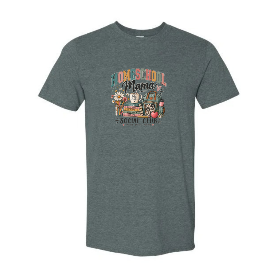 Homeschool Mama Social Club design on grey Softstyle tee