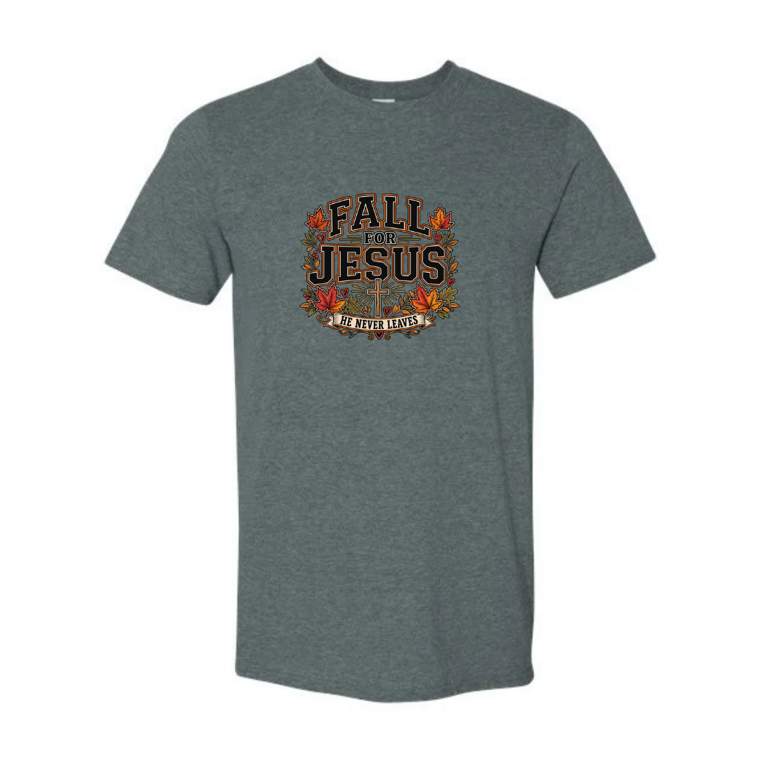 Fall For Jesus He Never Leaves — Bold design on grey Softstyle tee