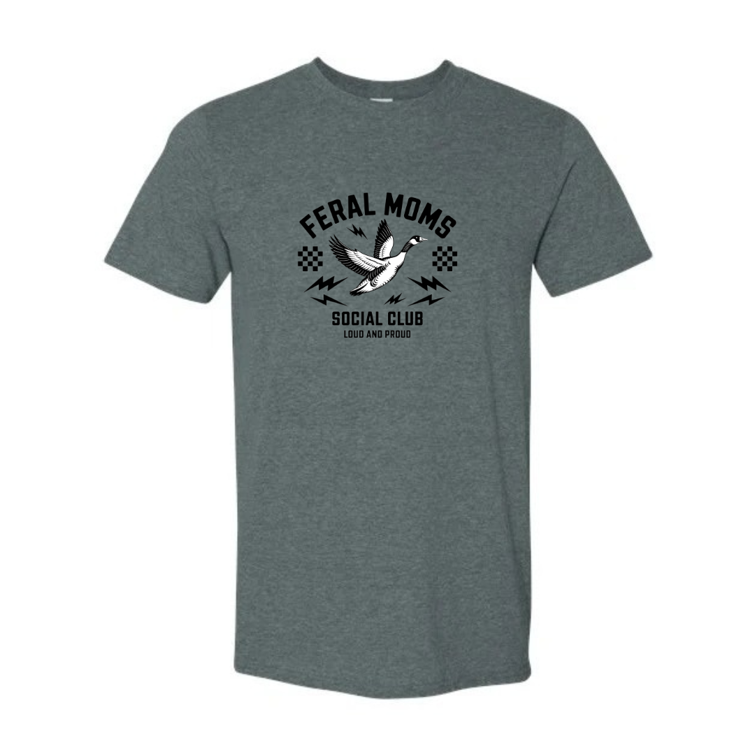 Feral Moms Social Club design on grey Softstyle tee