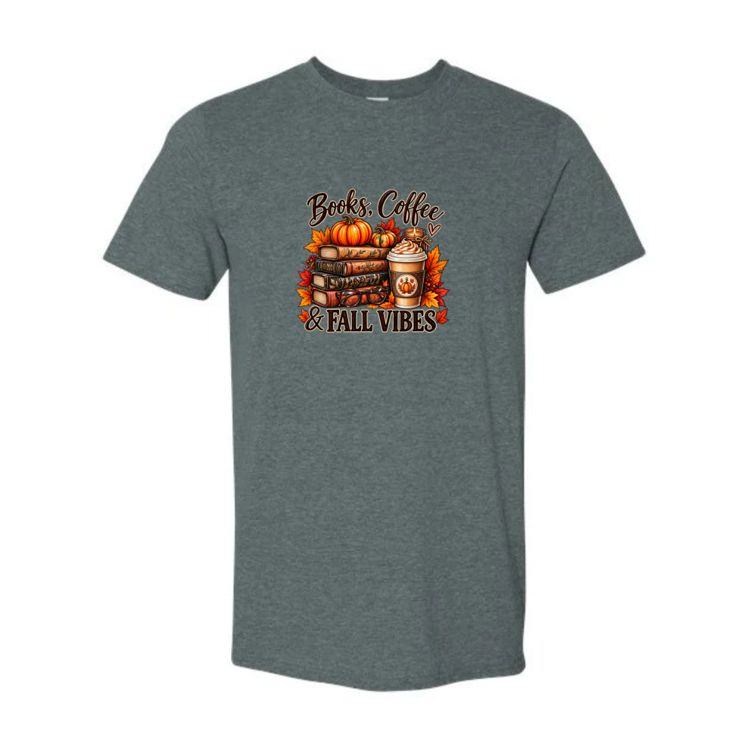Books Coffee & Fall Vibes design on grey Softstyle tee