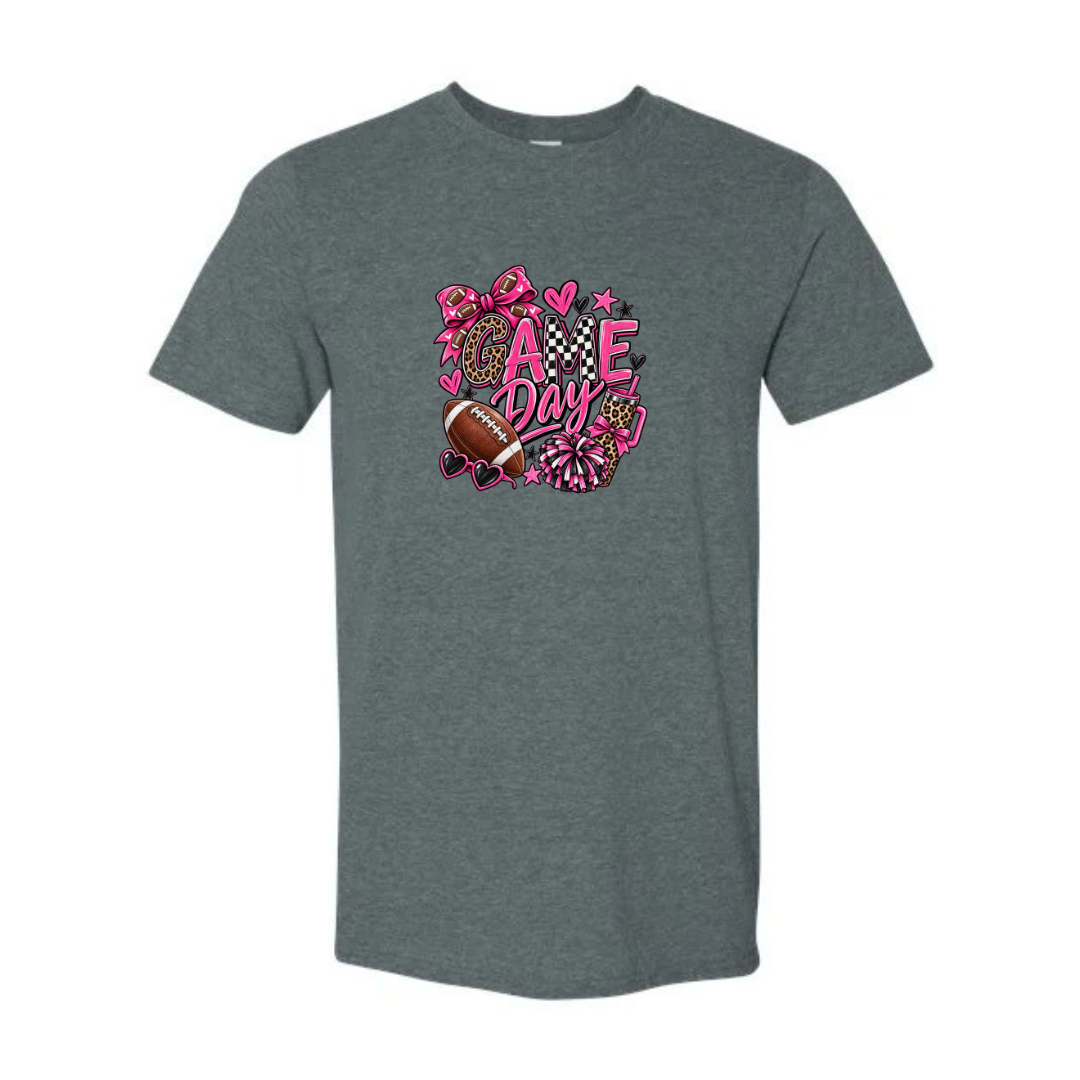 Game Day — Pink Leopard design on grey Softstyle tee