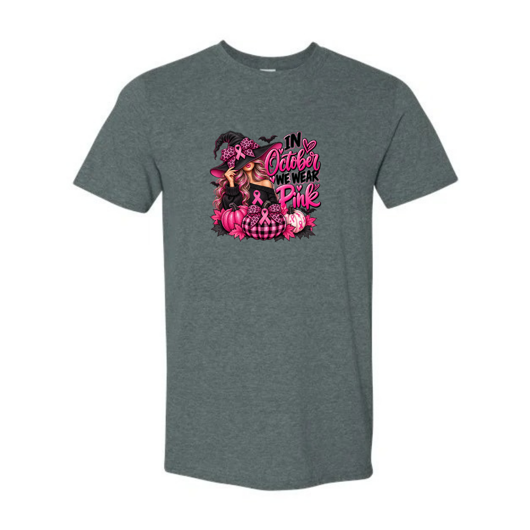 In October We Wear Pink — Witch Hat design on grey Softstyle tee
