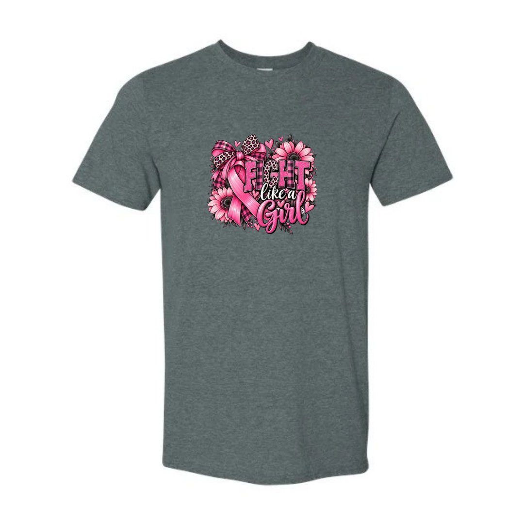 Fight Like A Girl — Sunflower Bow design on grey Softstyle tee