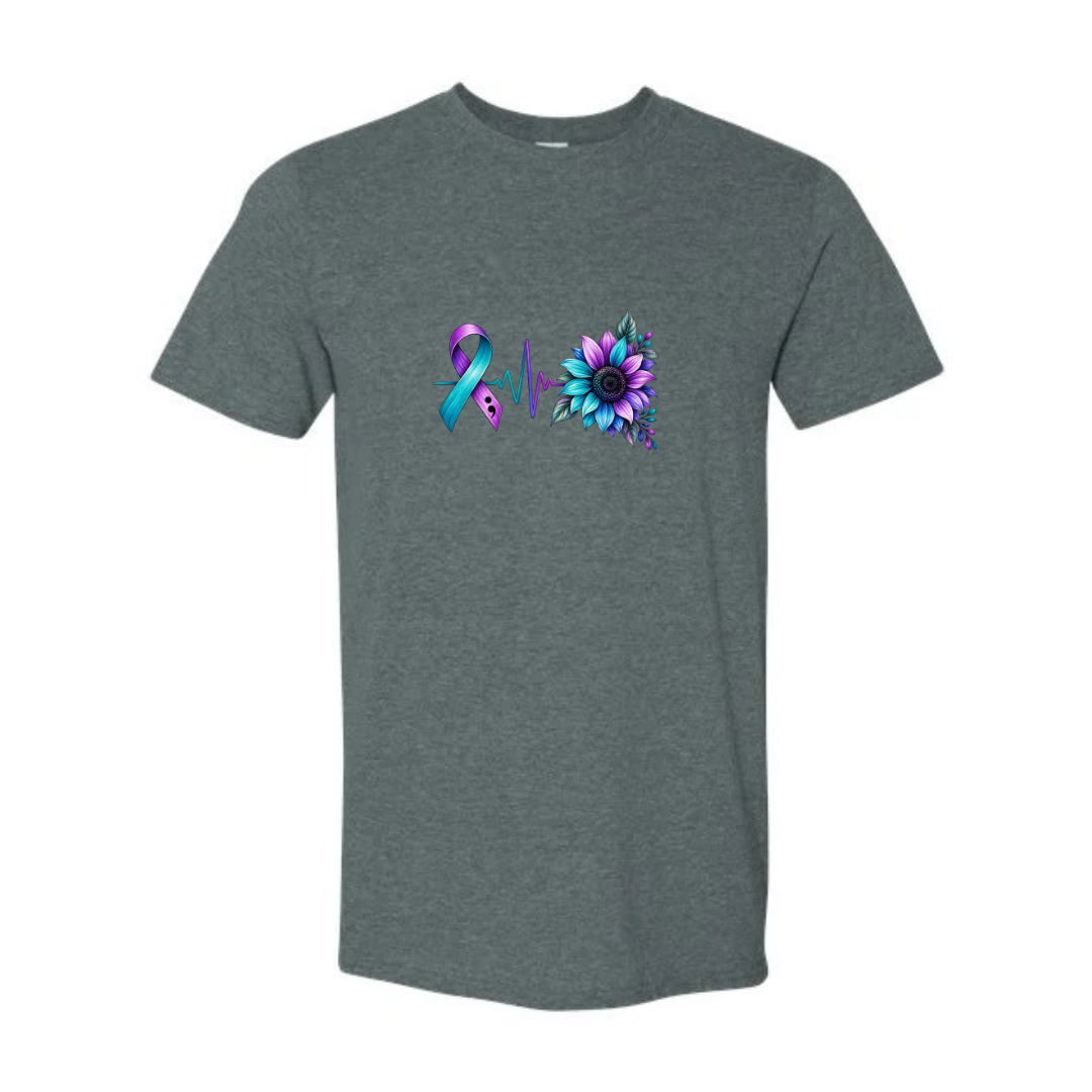 Suicide Prevention Ribbon Sunflower design on grey Softstyle tee