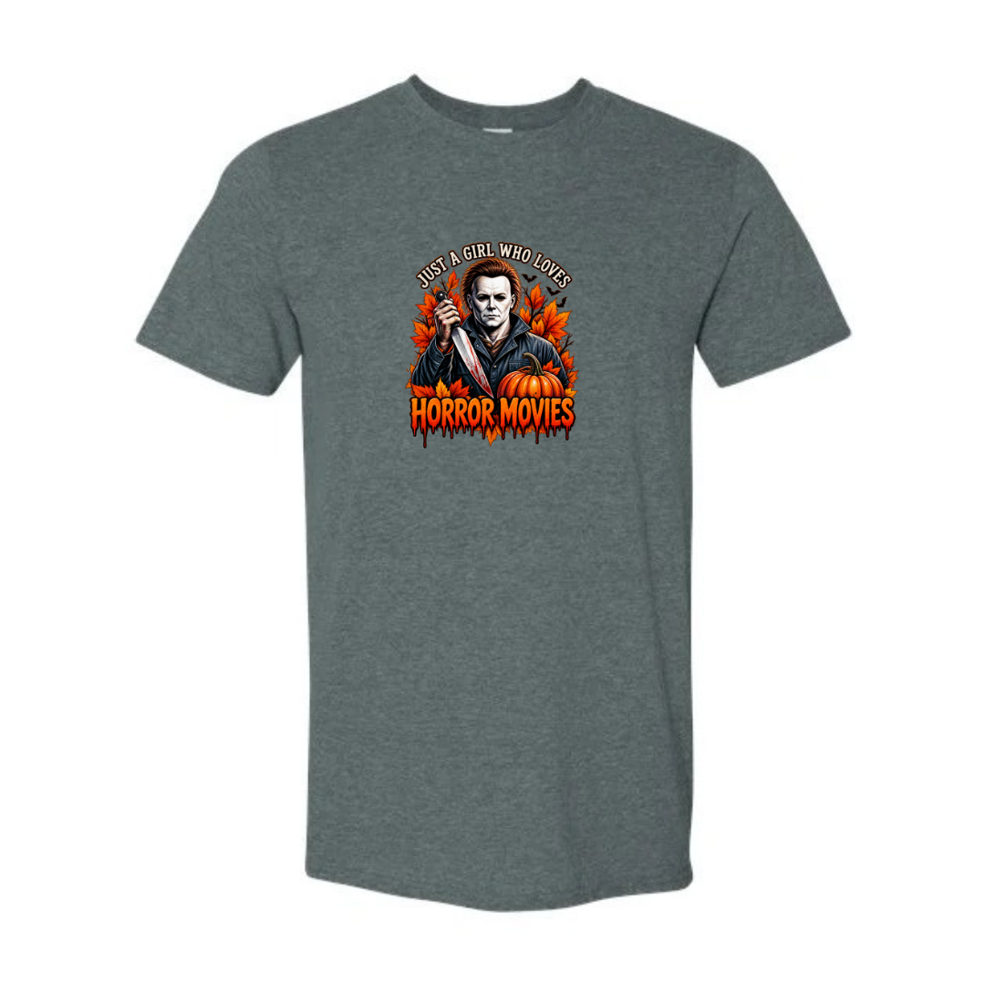 Just A Girl Who Loves Horror Movies design on grey Softstyle tee