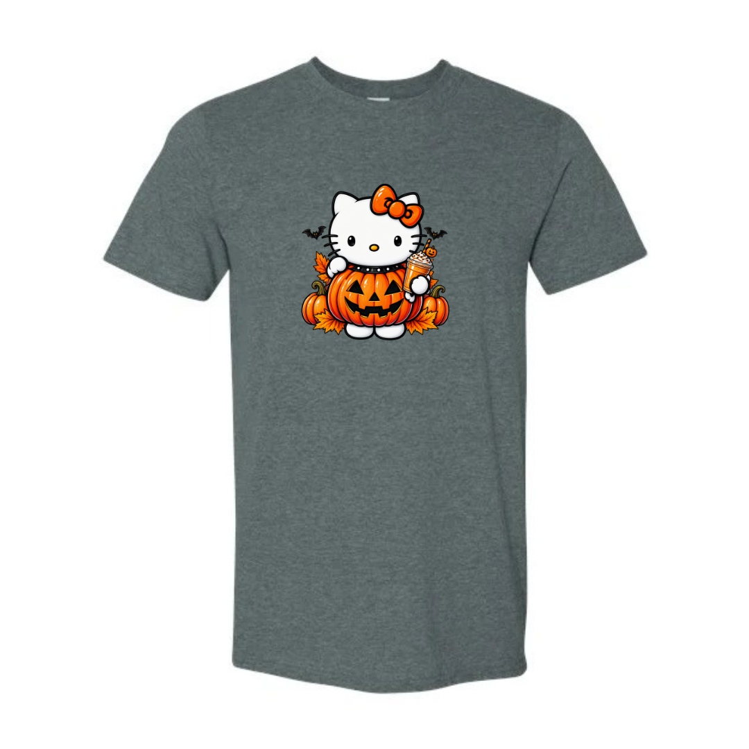 Kitty Pumpkin Latte design on grey Softstyle tee