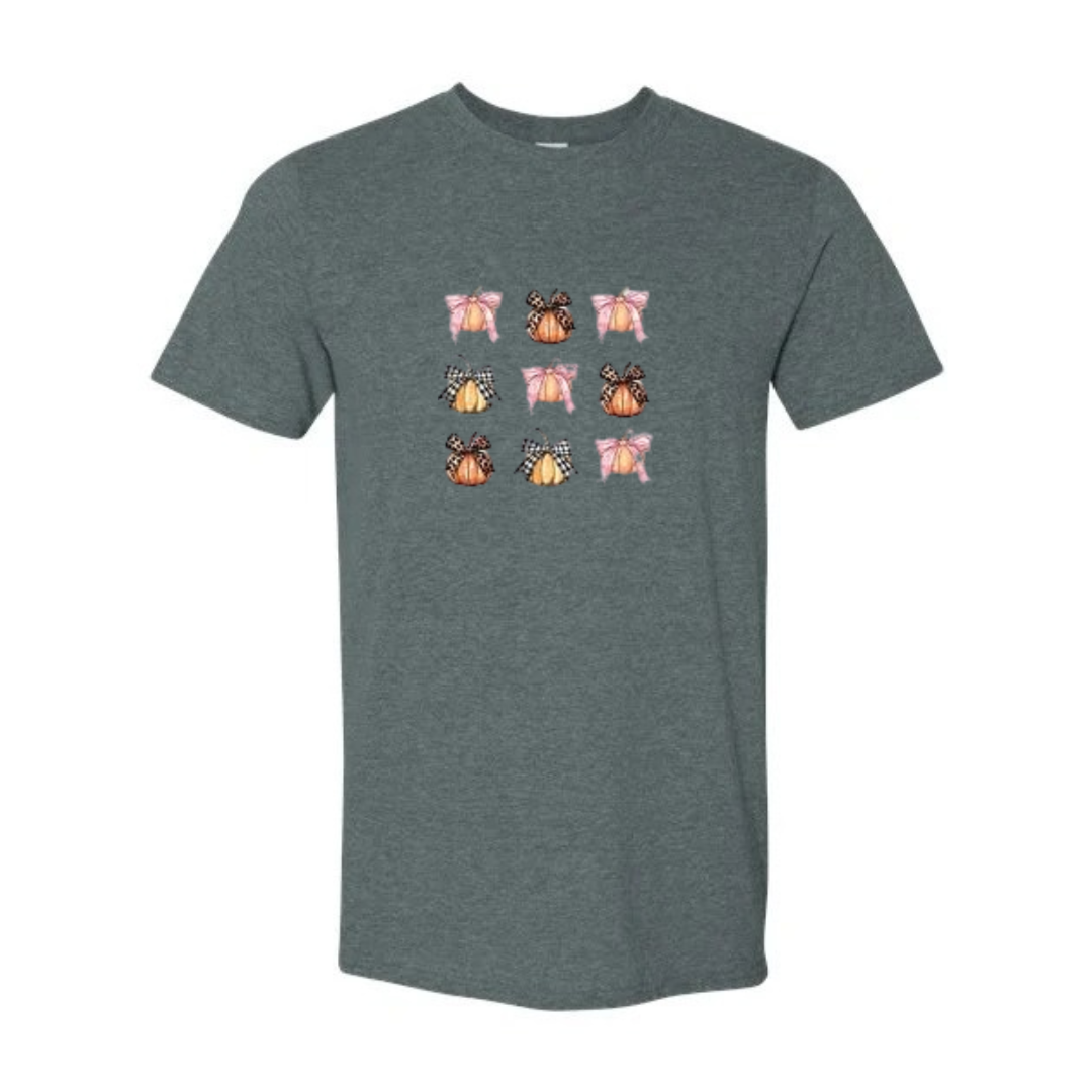 Coquette Pumpkin Bows design on grey Softstyle tee