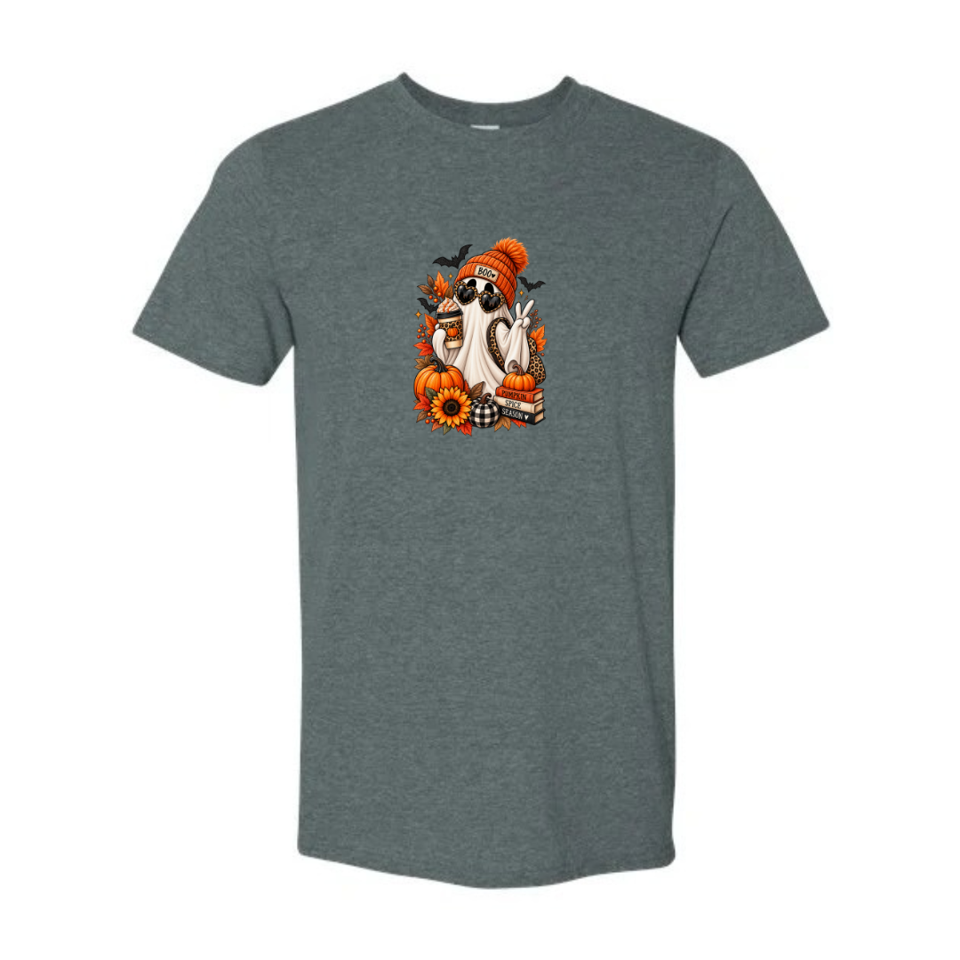 Pumpkin Spice Season Ghost design on grey Softstyle tee