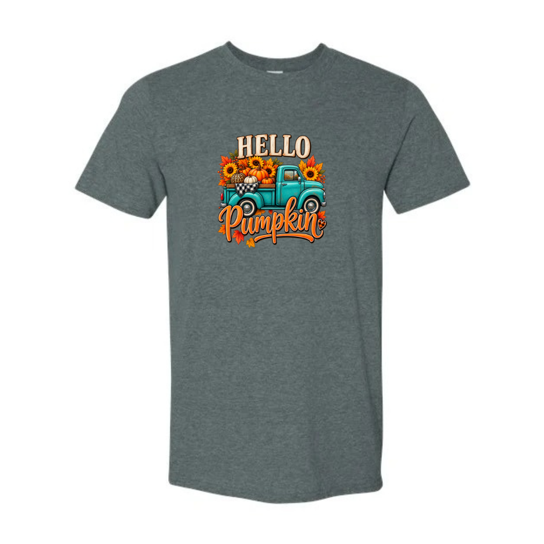 Hello Pumpkin Truck design on grey Softstyle tee