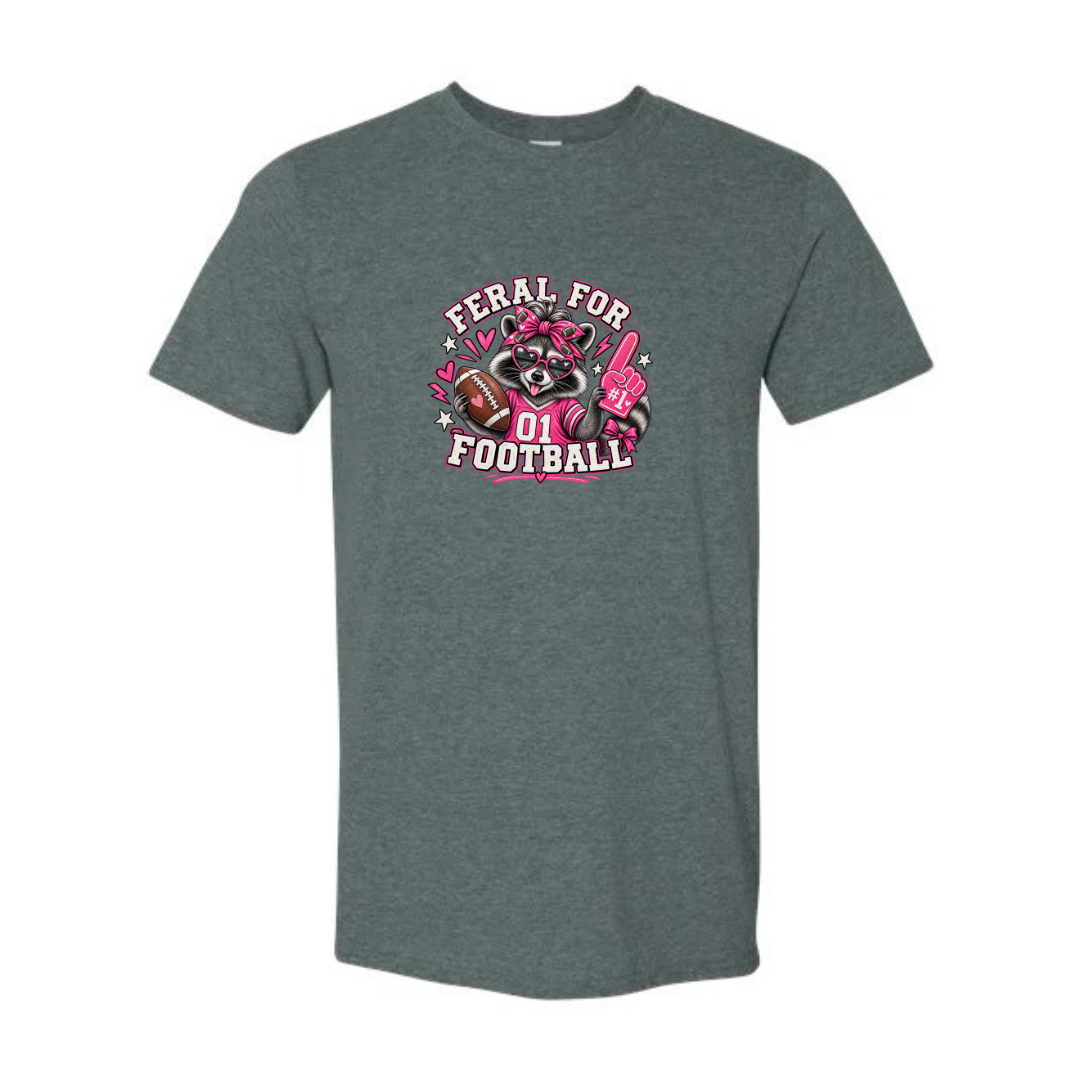 Feral For Football — Pink Cheer design on grey Softstyle tee