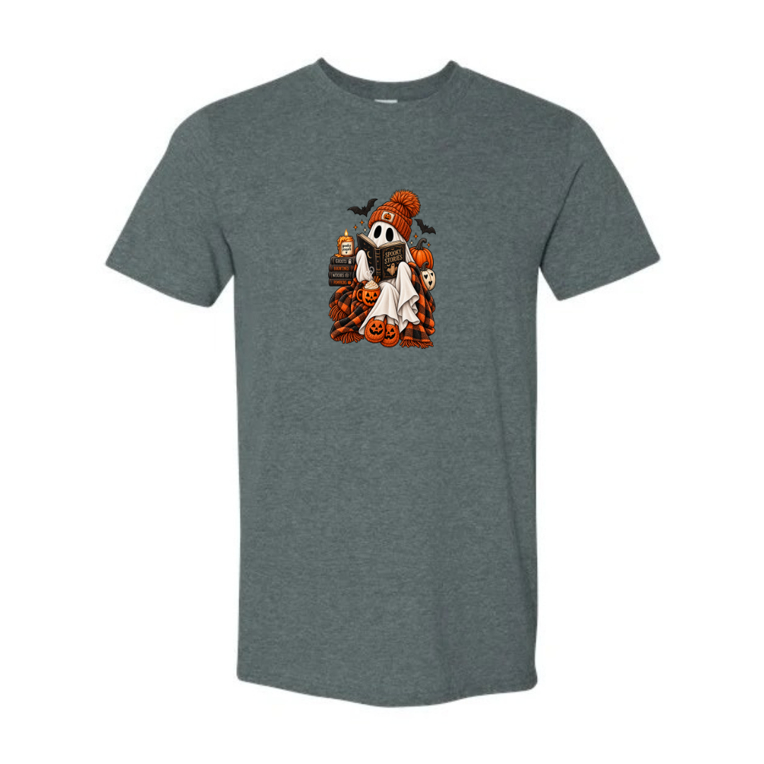 Spooky Stories design on grey Softstyle tee