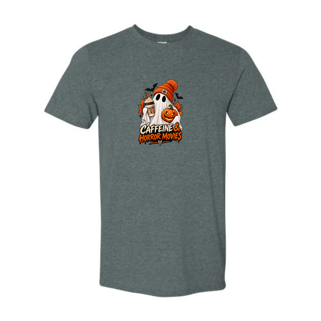 Caffeine & Horror Movies design on grey Softstyle tee