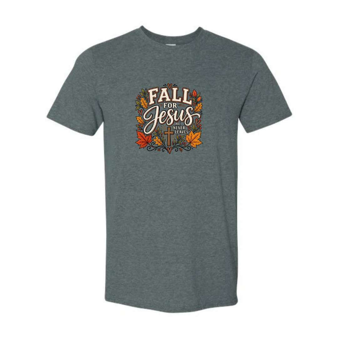 Fall For Jesus He Never Leaves — Autumn Leaves design on grey Softstyle tee