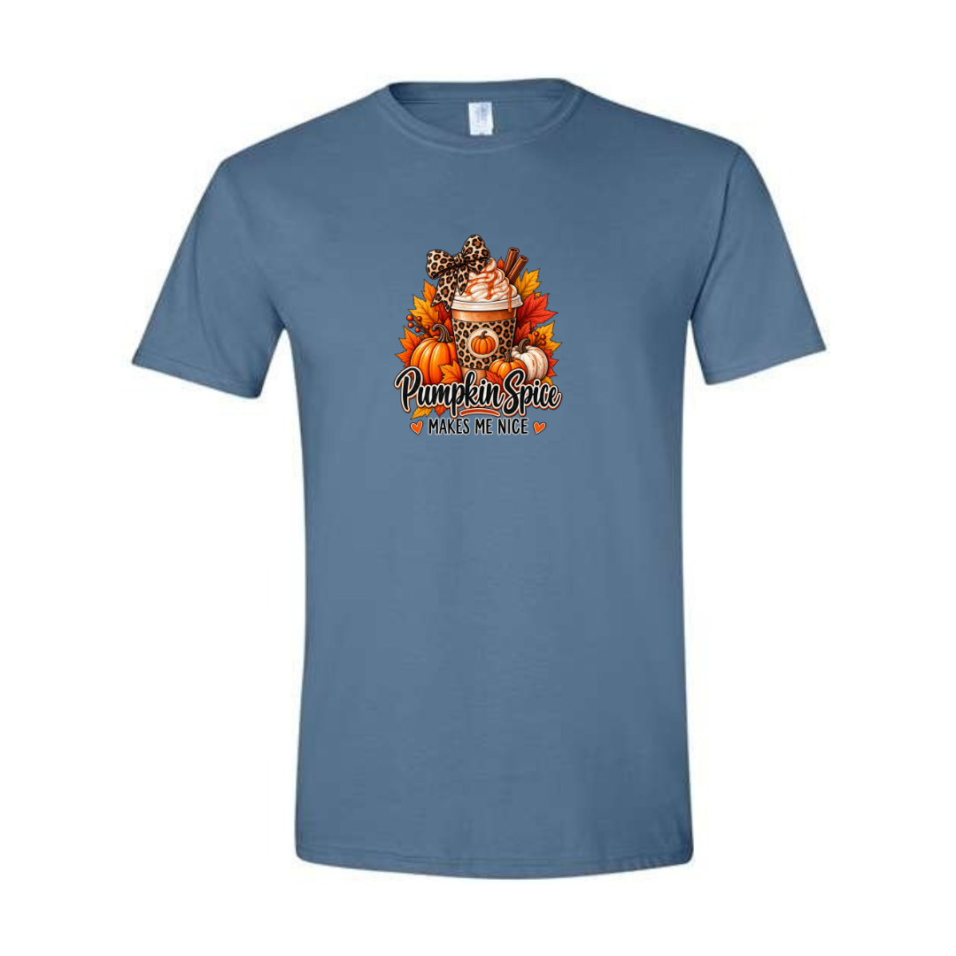 Pumpkin Spice Makes Me Nice design on blue Softstyle tee