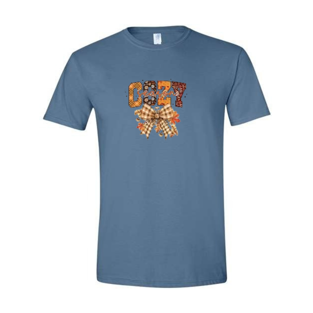 Cozy Season design on blue Softstyle tee