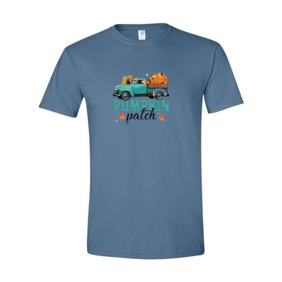 Pumpkin Patch design on blue Softstyle tee