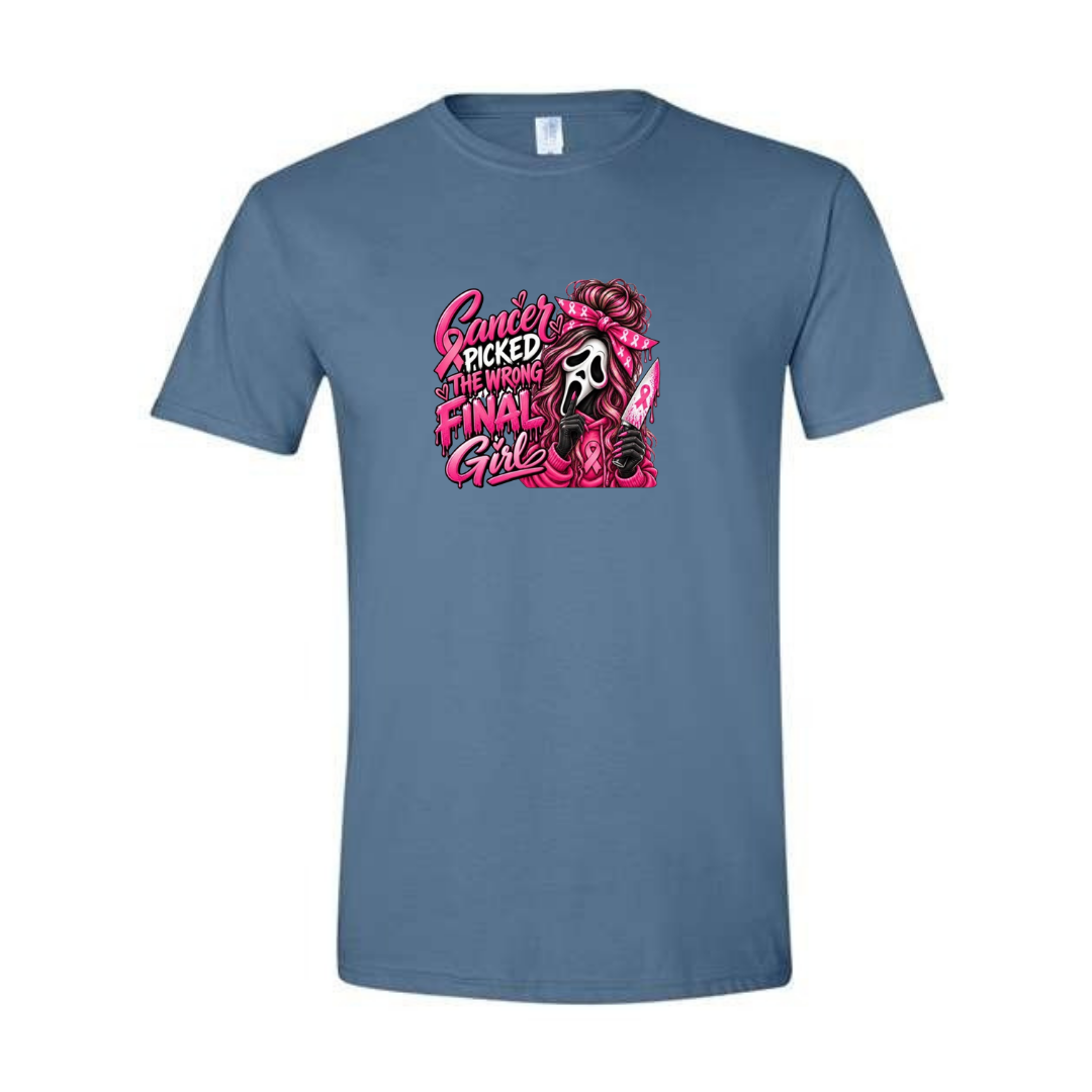 Cancer Picked The Wrong Final Girl design on blue Softstyle tee