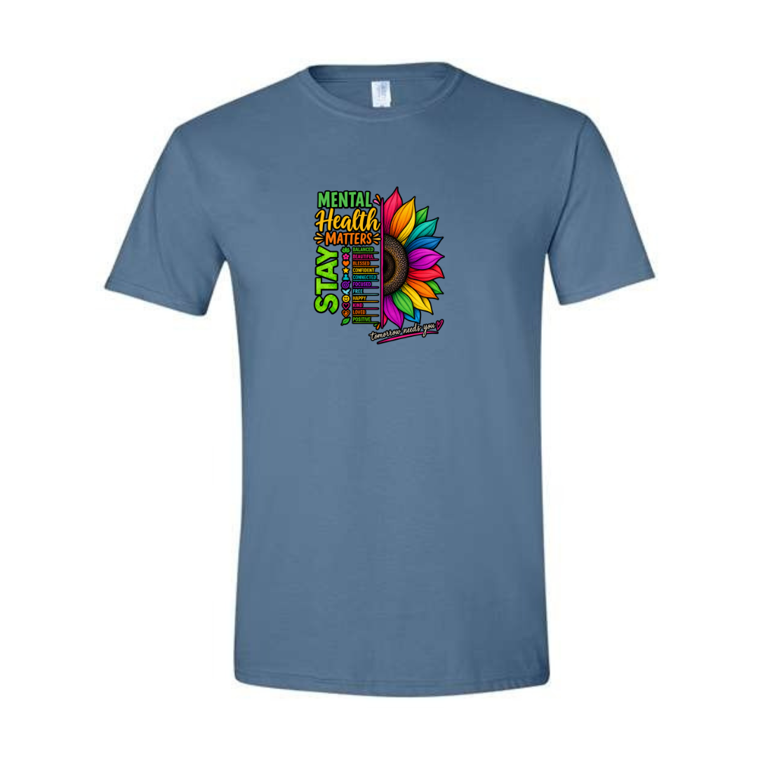 Mental Health Matters — Rainbow Sunflower design on blue Softstyle tee