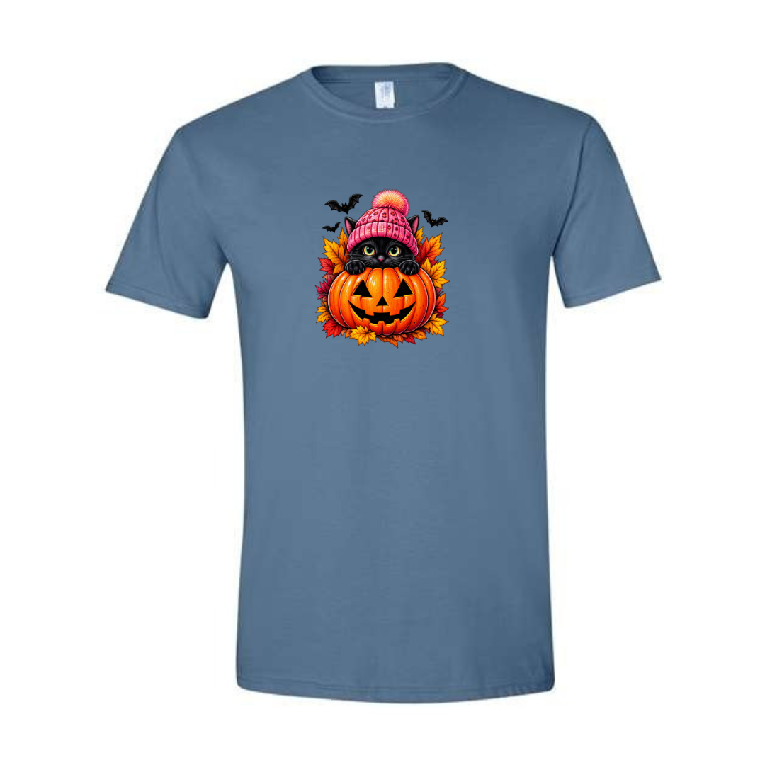 Black Cat Jack-O-Lantern design on blue Softstyle tee