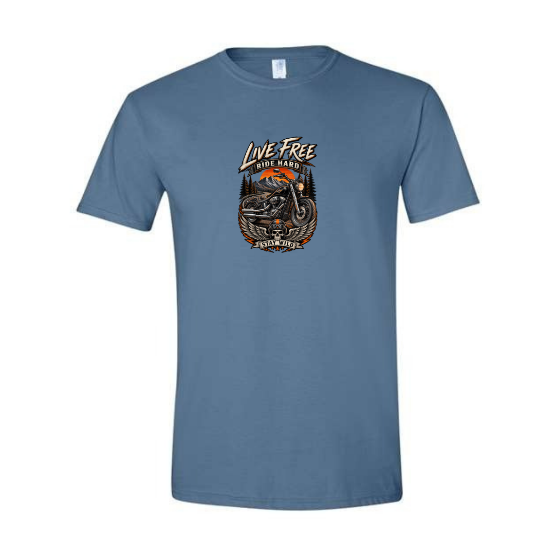 Live Free Ride Hard design on blue Softstyle tee