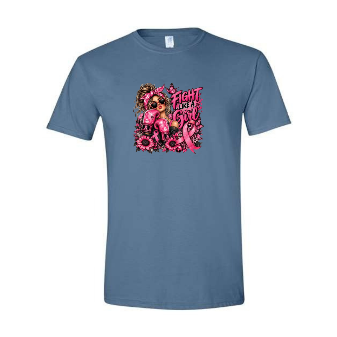 Fight Like A Girl — Boxing Gloves design on blue Softstyle tee