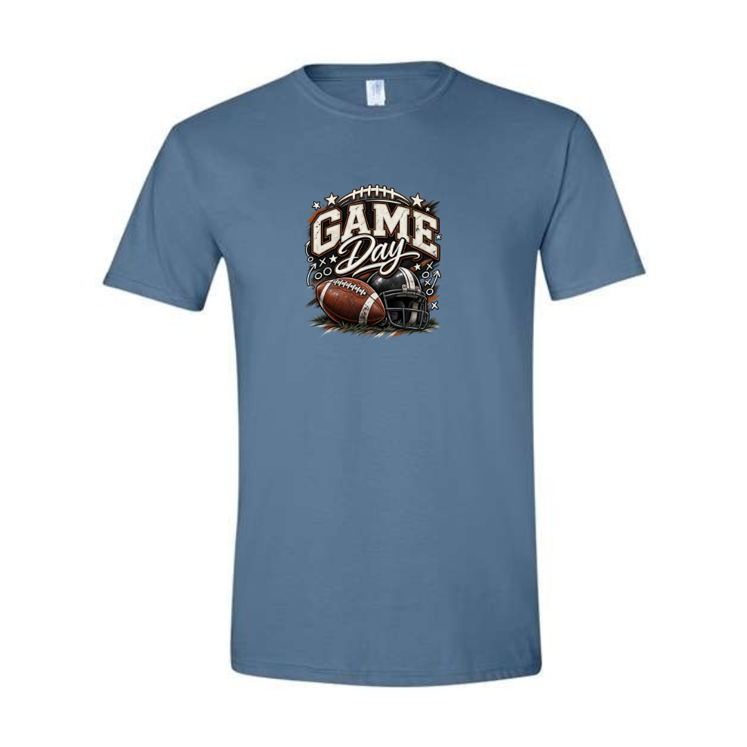Game Day — Bold Retro design on blue Softstyle tee