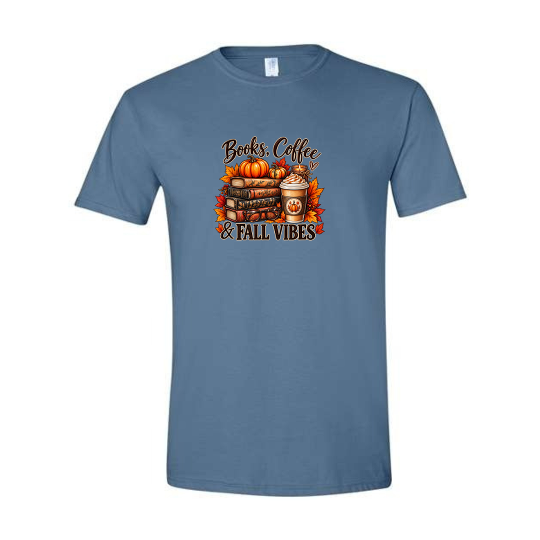 Books Coffee & Fall Vibes design on blue Softstyle tee