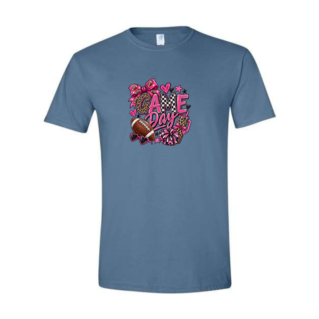 Game Day — Pink Leopard design on blue Softstyle tee