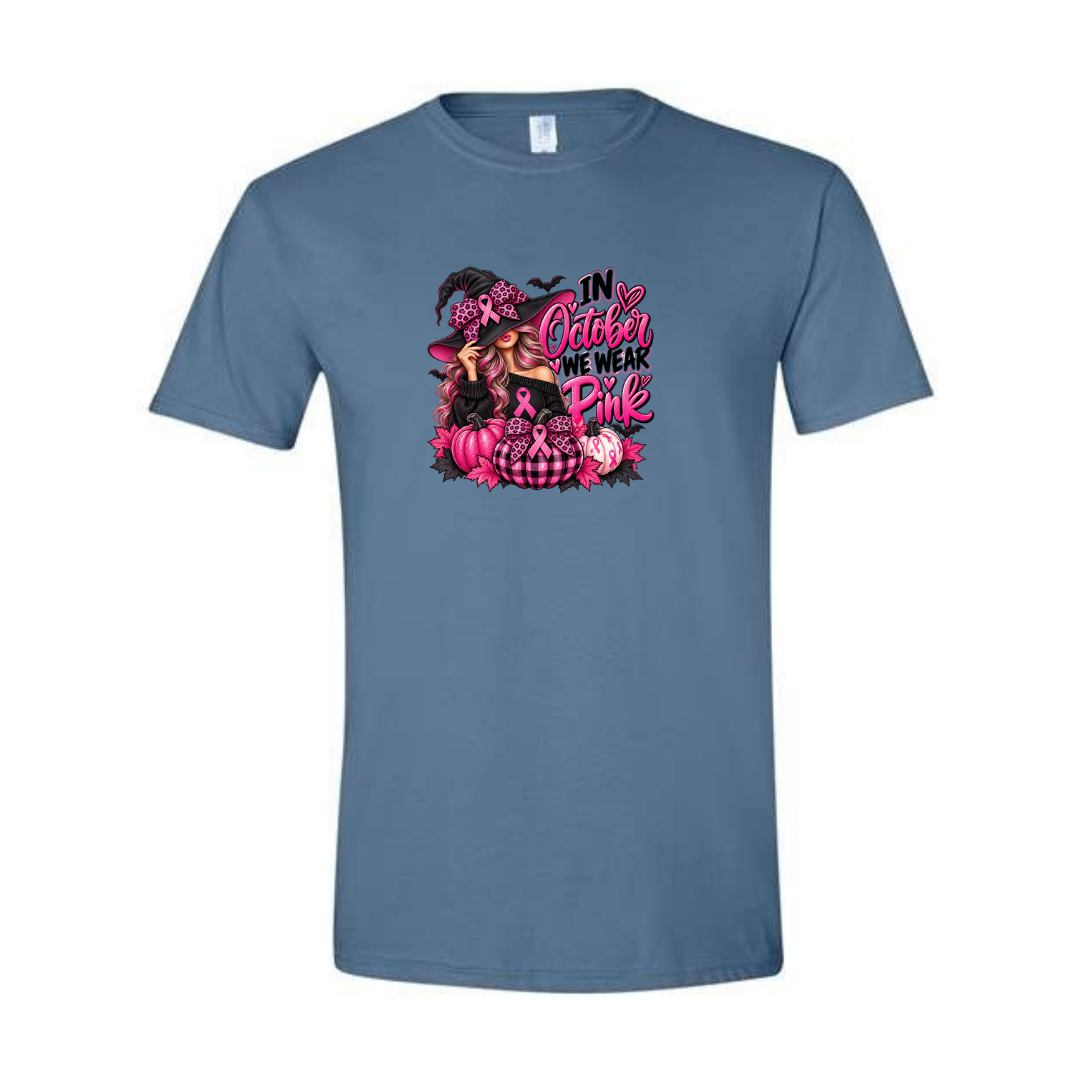 In October We Wear Pink — Witch Hat design on blue Softstyle tee