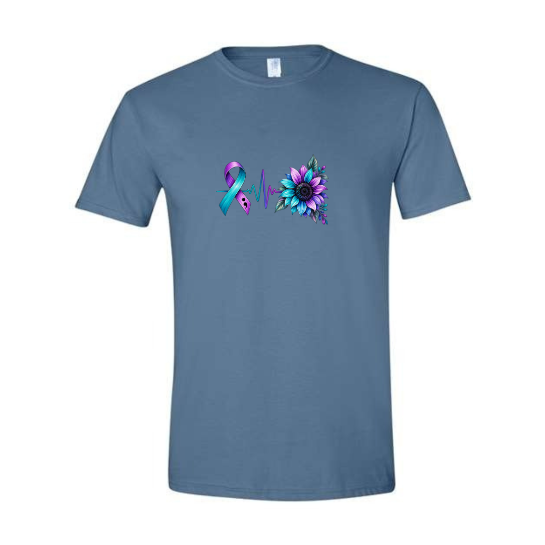 Suicide Prevention Ribbon Sunflower design on blue Softstyle tee
