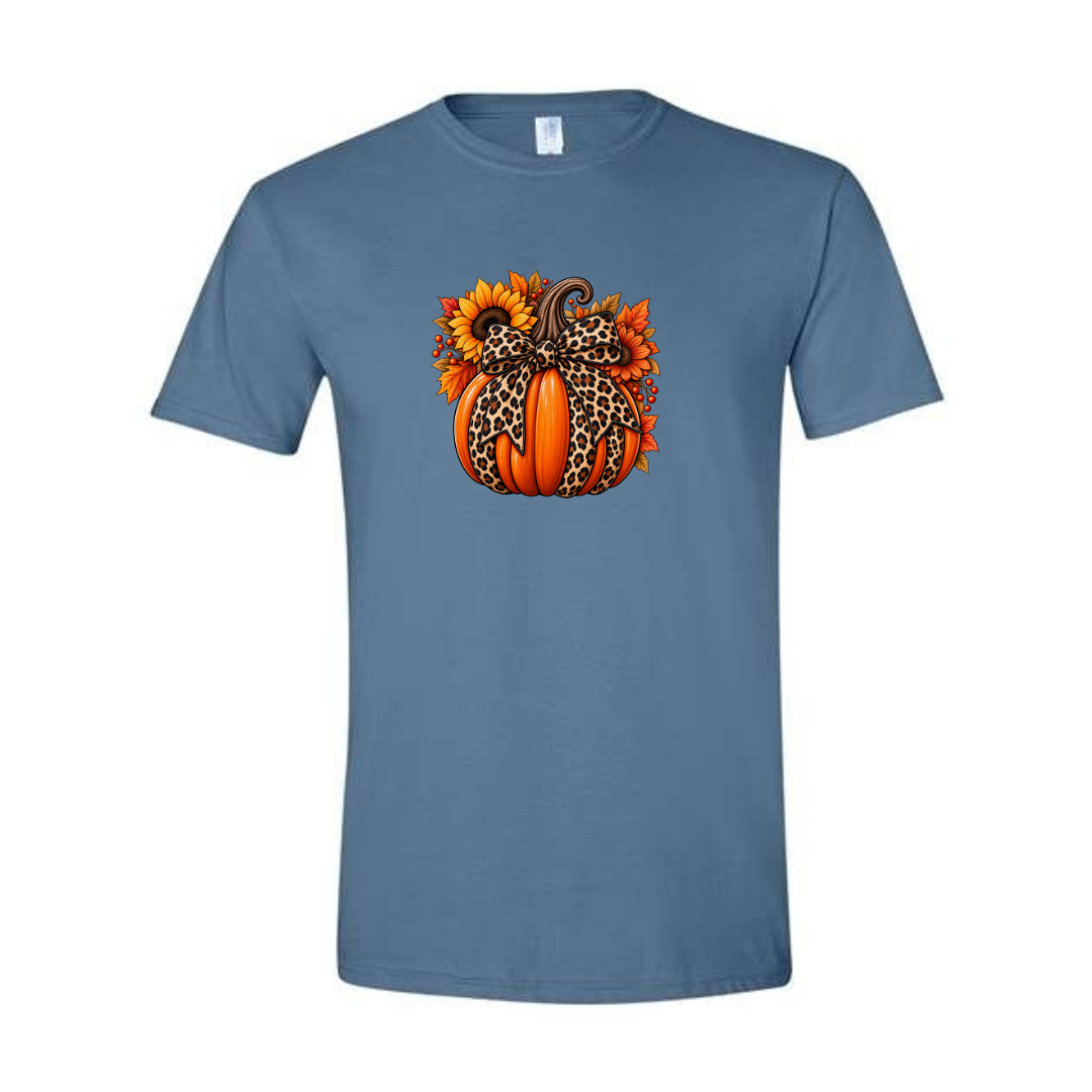 Leopard Pumpkin With Bow design on blue Softstyle tee