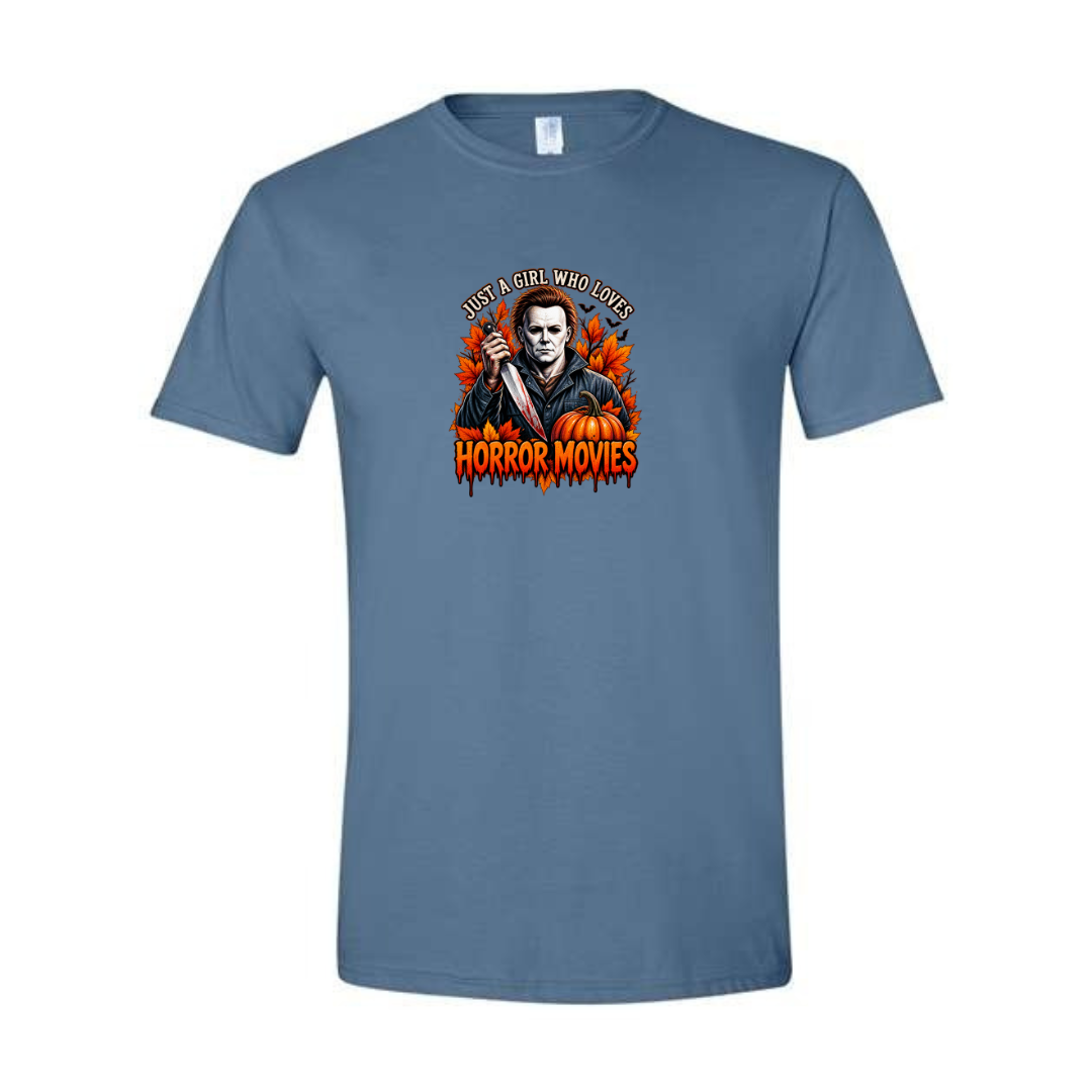Just A Girl Who Loves Horror Movies design on blue Softstyle tee