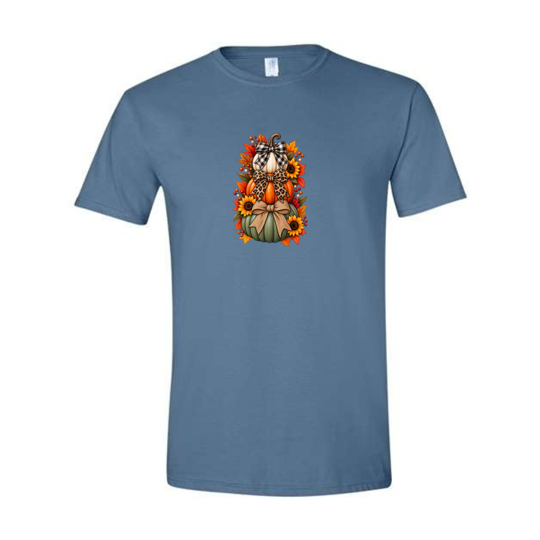 Stacked Pumpkins With Bows design on blue Softstyle tee