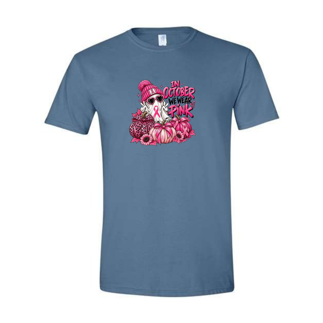 In October We Wear Pink — Ghost design on blue Softstyle tee
