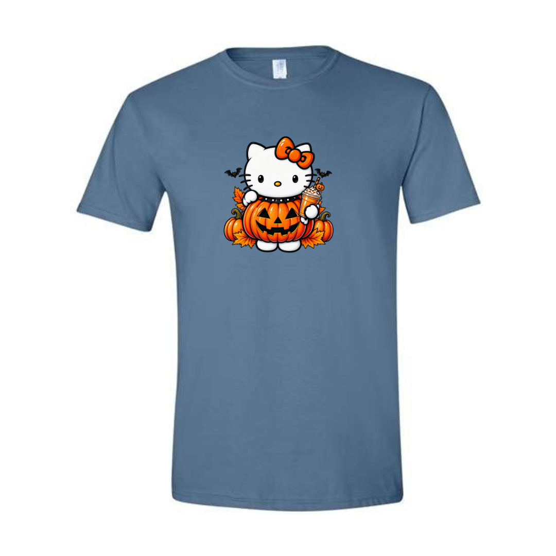 Kitty Pumpkin Latte design on blue Softstyle tee