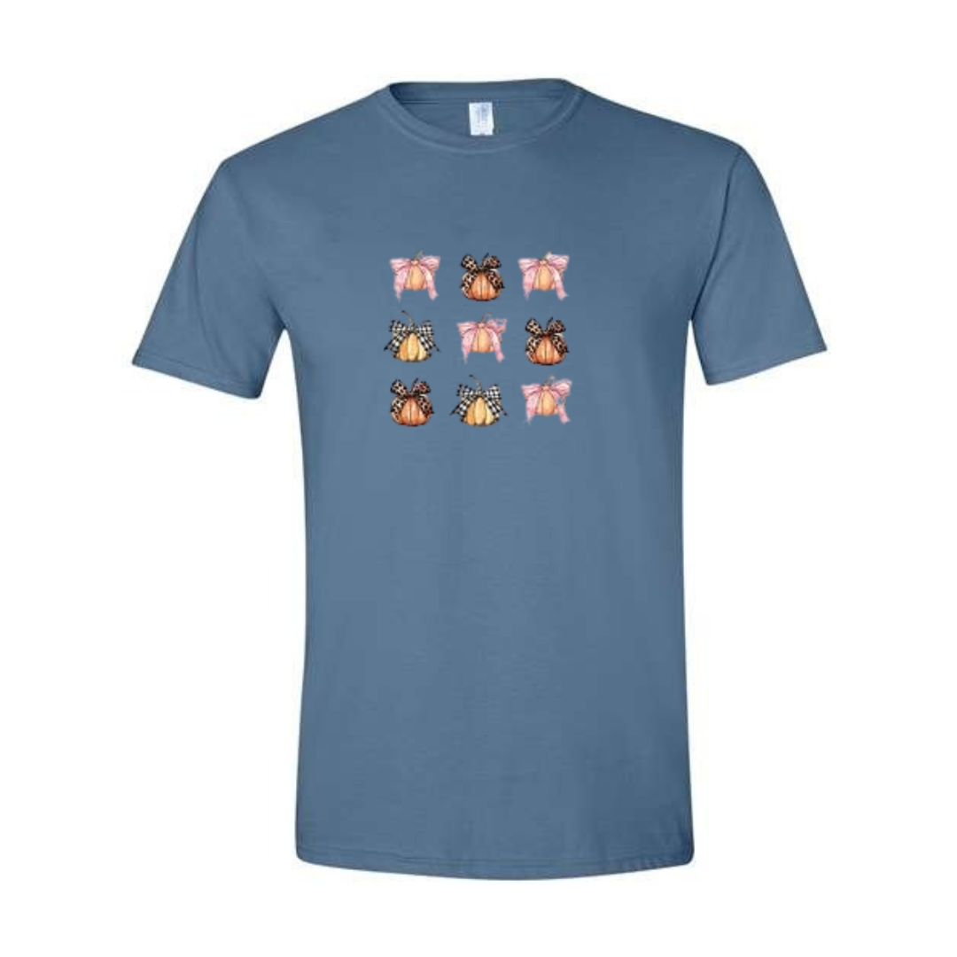 Coquette Pumpkin Bows design on blue Softstyle tee